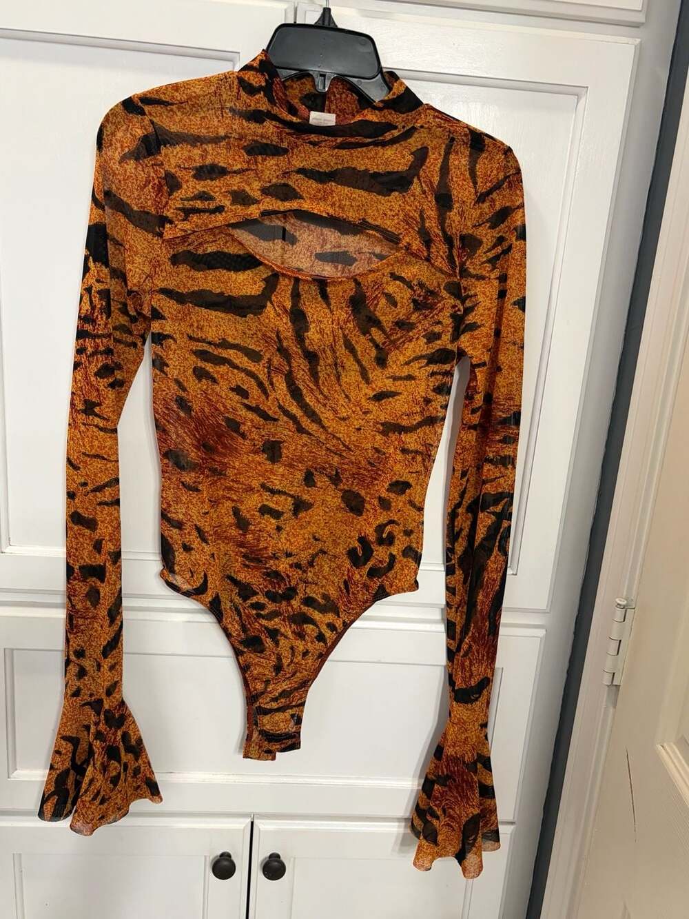 Votique Los Angeles Tiger Print Mesh Bodysuit Medium Bell Sleeve Cutout Y2K